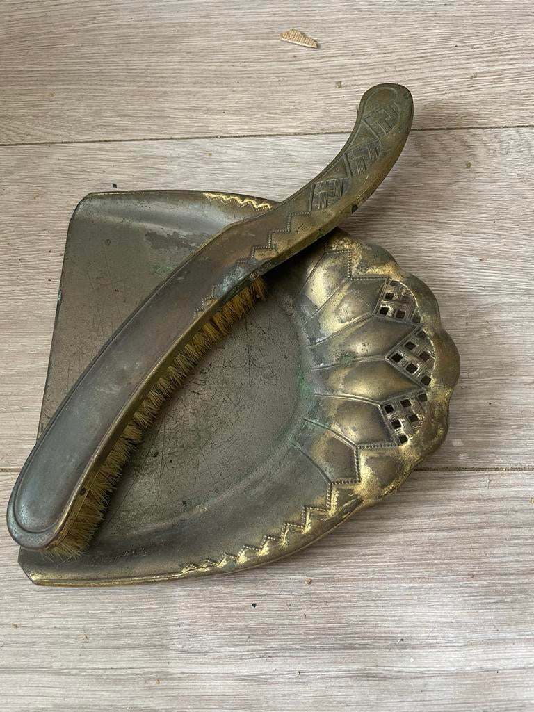 Antieke koperen stoffer en blik set, Antiek en Kunst, Ophalen