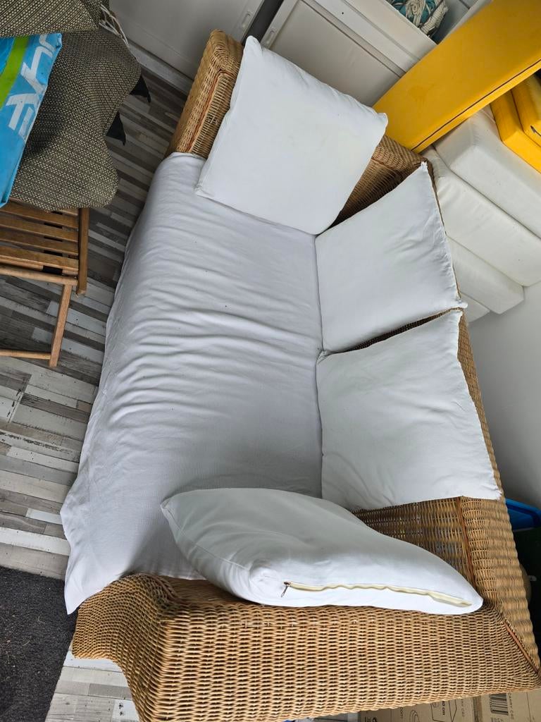 Rieten bank en fauteuil Jan des Bouvrie Design, Ophalen, Gebruikt, Driepersoons, 200 tot 250 cm