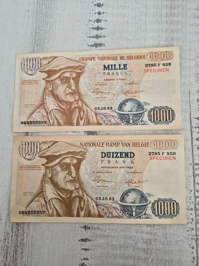 Twee Belgische bankbiljetten van 1000 frank, 1963, Postzegels en Munten, Bankbiljetten | België, Ophalen of Verzenden