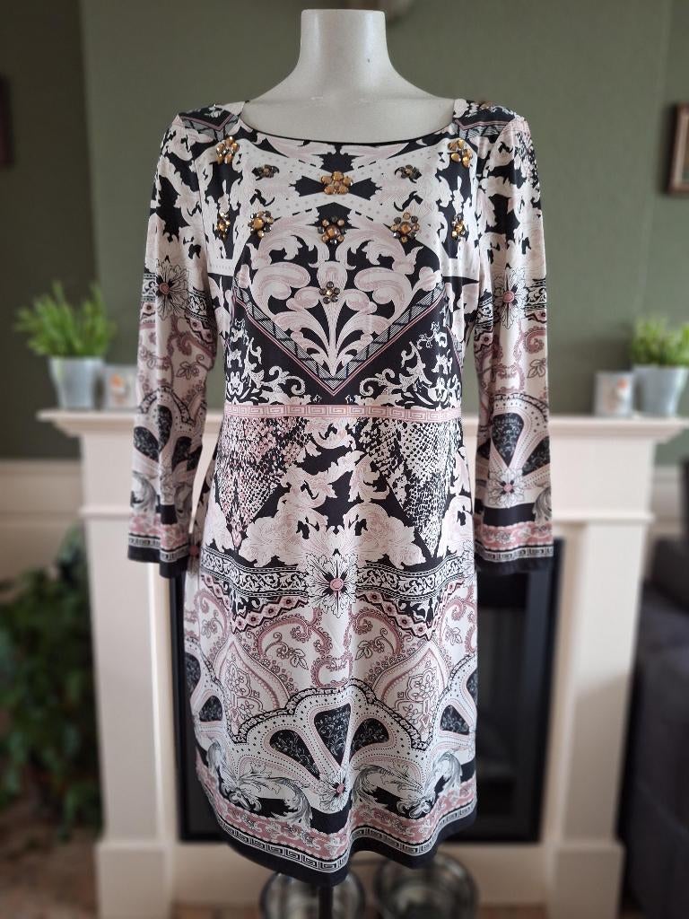 K-Design K Design crème zwart roze jurk L, K-design, Overige kleuren, Verzenden, Maat 42/44 (L)