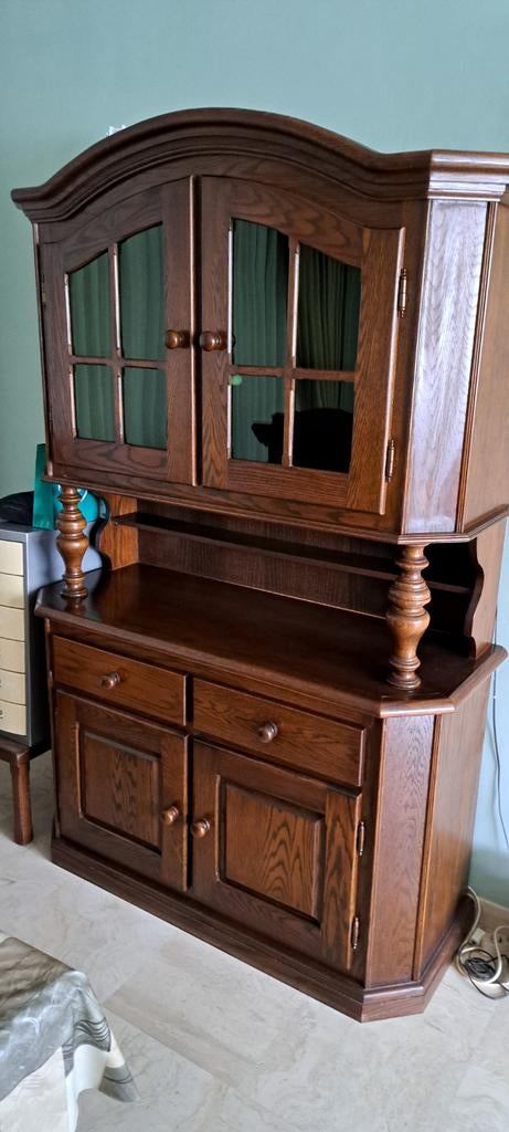 Massief eiken dressoir met vitrinekast, Glas, Gebruikt, Ophalen of Verzenden, Klassiek, Landelijk