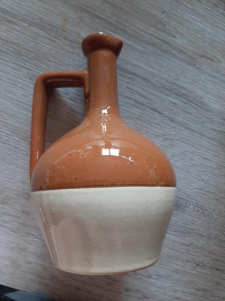 Vintage Aardenwerk Kruik - Bruin/Crème Glazuur, Ophalen of Verzenden