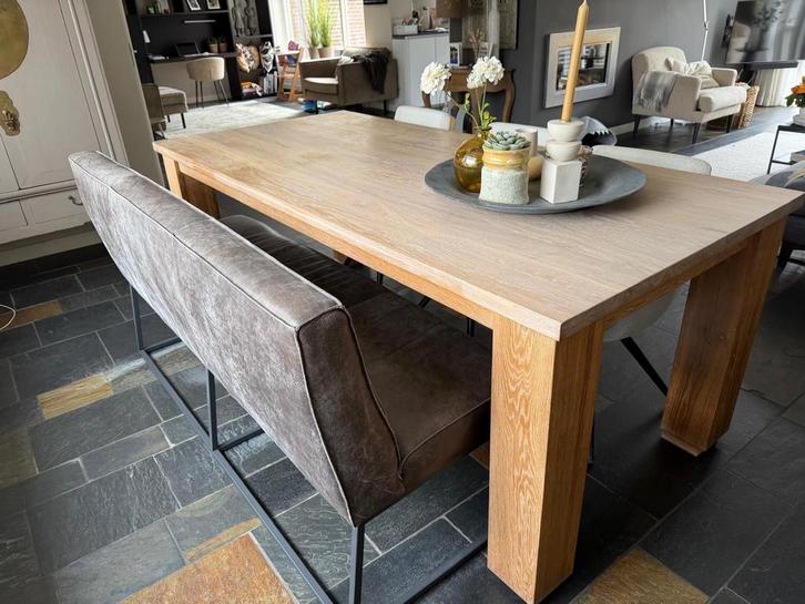 Eiken eettafel met 3 stoelen en eetbank, Huis en Inrichting, Tafels | Eettafels, Gebruikt, 100 tot 150 cm, 200 cm of meer, Vijf personen of meer