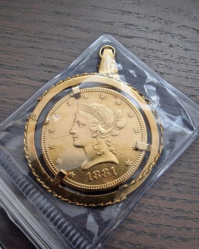 Gouden 10 dollar munt 1881 in hanger, Ophalen of Verzenden, Goud