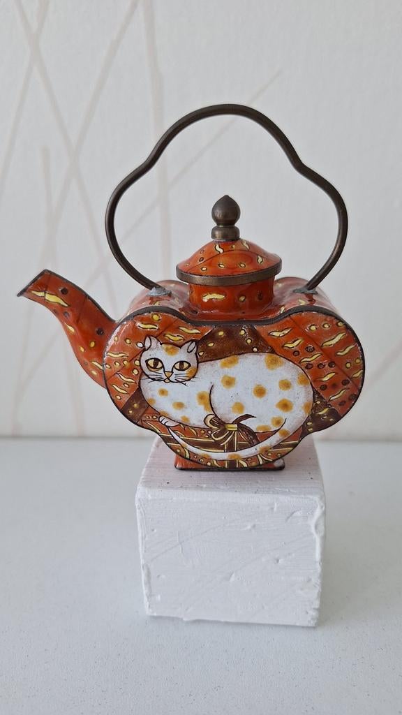 Miniatuur emaille theepotje met kat opdruk, Ophalen of Verzenden