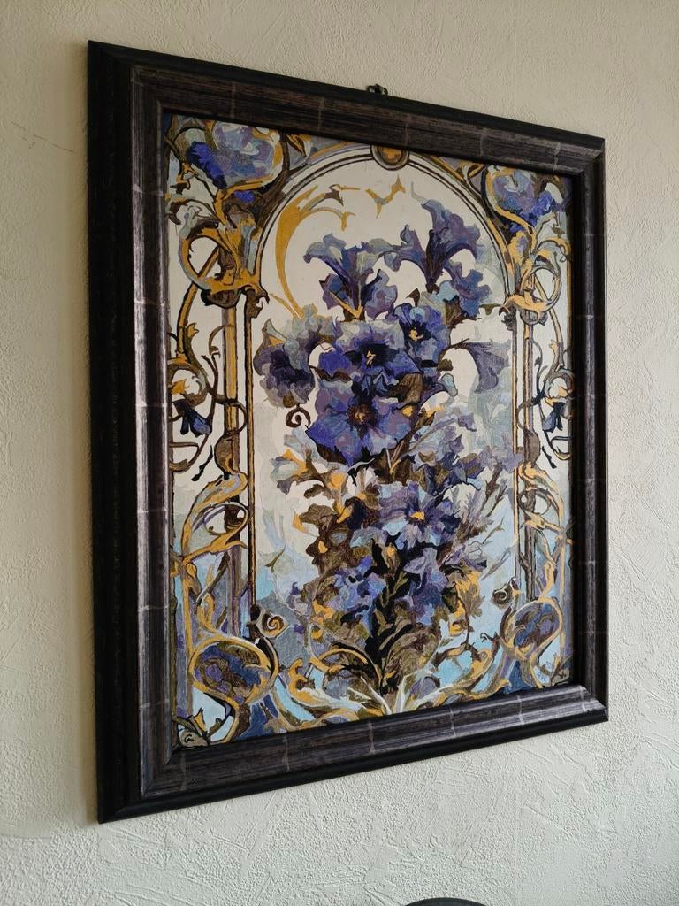 Schilderij op doek: Blauwe bloemen met gouden accenten, Ophalen