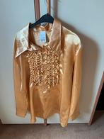 Gouden satijnen blouse met ruches - Maat 50, Ophalen of Verzenden, Nieuw, Overige kleuren, Overige halswijdtes