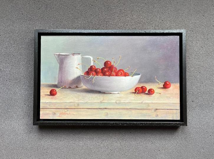 Schilderij kan en kersen in een schaal. Hans Habraken., Antiek en Kunst, Kunst | Schilderijen | Klassiek, Ophalen of Verzenden
