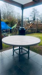 Ronde tuintafel met houten blad en steigerbuizen onderstel, Ophalen, Gebruikt, Rond, Hout