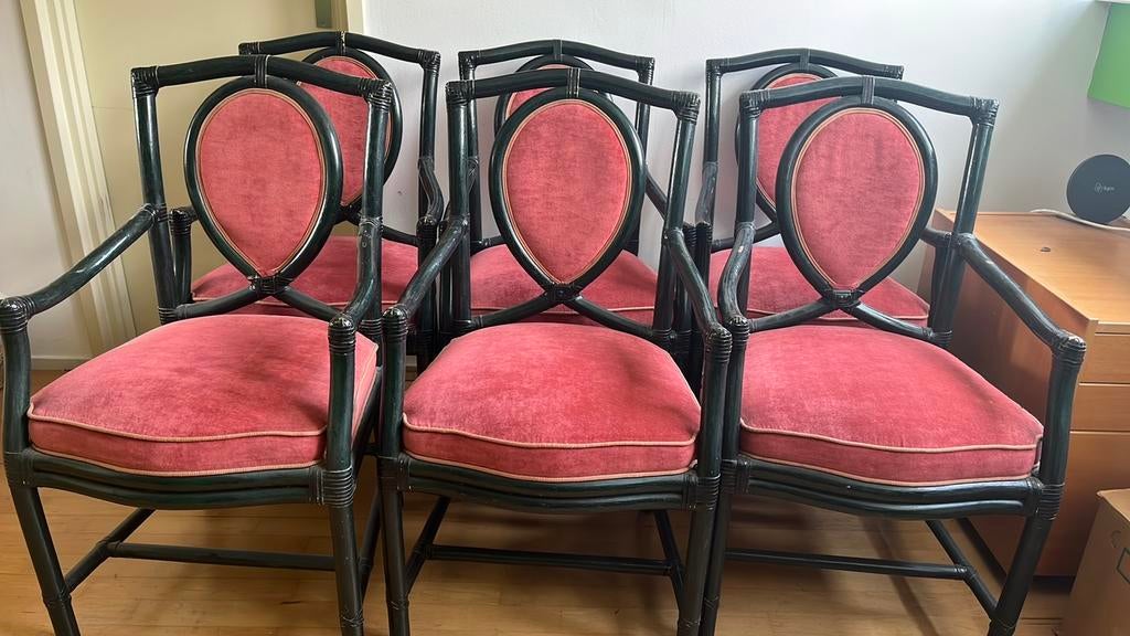 Zes eetkamerstoelen donkergroen manou, Huis en Inrichting, Stoelen, Zo goed als nieuw, Vijf, Zes of meer stoelen, Overige kleuren