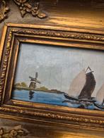 Antiek schilderij Hollandse molen en zeilschepen, Antiek en Kunst, Kunst | Schilderijen | Klassiek, Ophalen of Verzenden