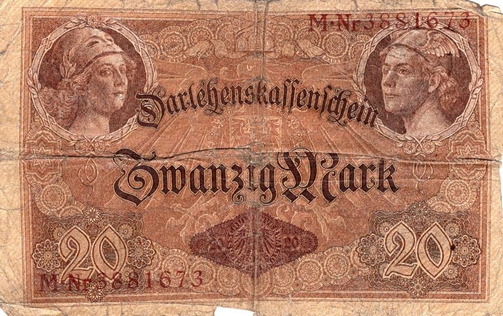 Bankbiljet:  20 Mark Darlehnskassenschein 1914, Postzegels en Munten, Bankbiljetten | Europa | Niet-Eurobiljetten, Verzenden, Duitsland