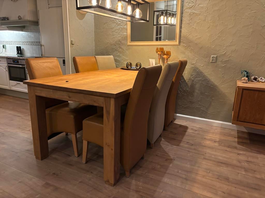 Teakhouten eettafel met 6 leren stoelen, Ophalen, Gebruikt, 4 tot 6 stoelen