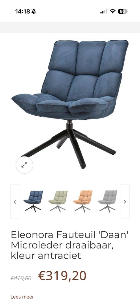 Eleonora Draaibare Fauteuil - Zwart Metaal & Blauw Textiel, Huis en Inrichting, Ophalen, Gebruikt, 75 tot 100 cm, Metaal