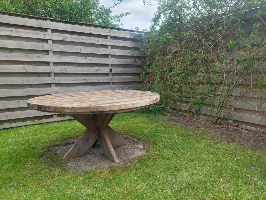 Robuuste ronde houten tuintafel, Tuin en Terras, Tuintafels, Ophalen, Gebruikt, Rond, Hout