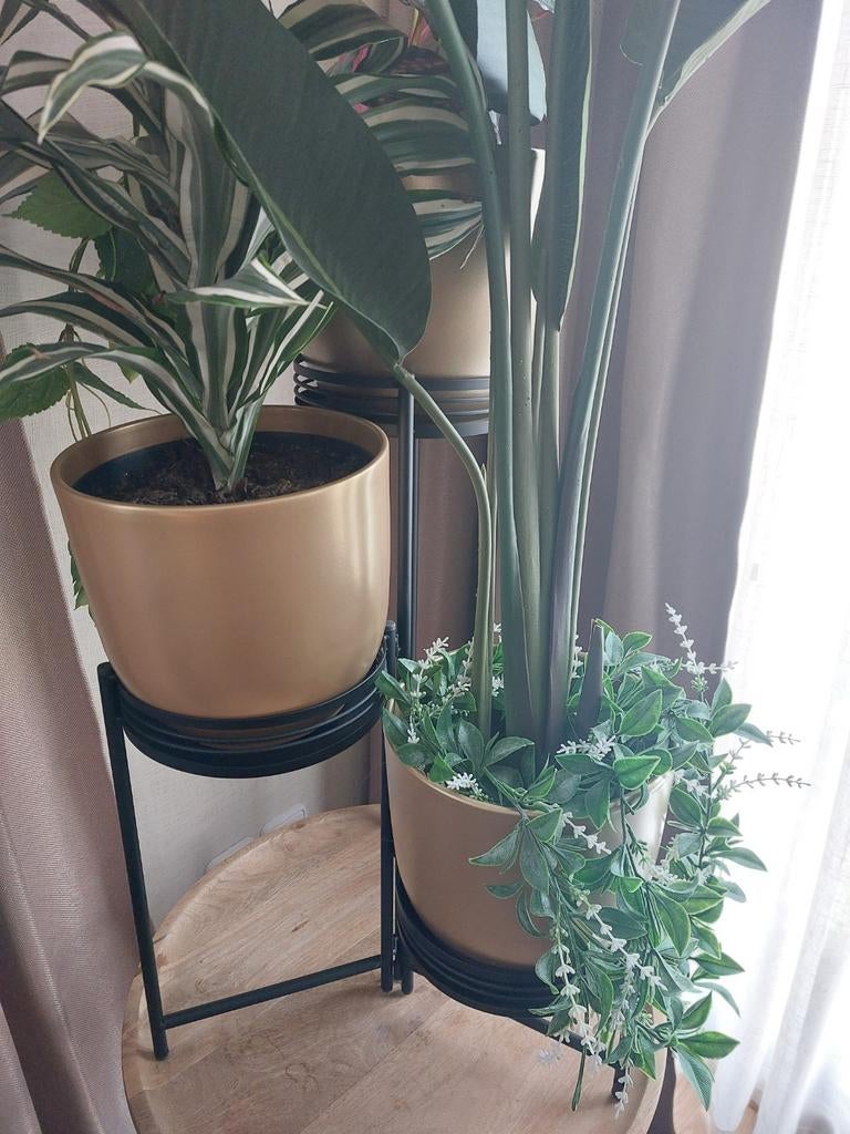 Gouden bloempotten met plantenstandaard, 25 tot 40 cm, Rond, Binnen, Ophalen of Verzenden