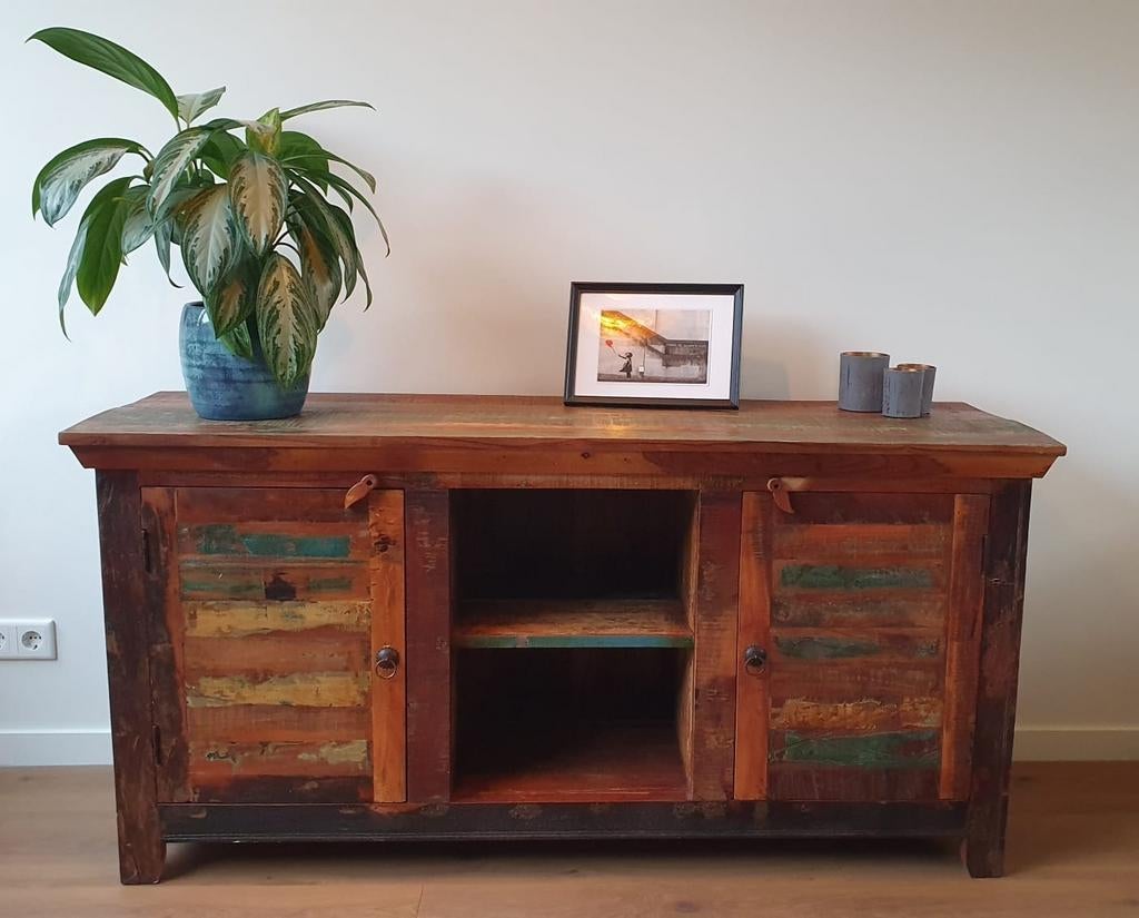 Kleurrijke dressoir kast/tv meubel-massief gerecycled hout, Huis en Inrichting, Kasten | Dressoirs, Ophalen, 25 tot 50 cm