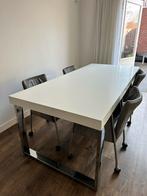 Witte eettafel met 4 leren stoelen op wieltjes, Ophalen, Gebruikt, 200 cm of meer, 50 tot 100 cm