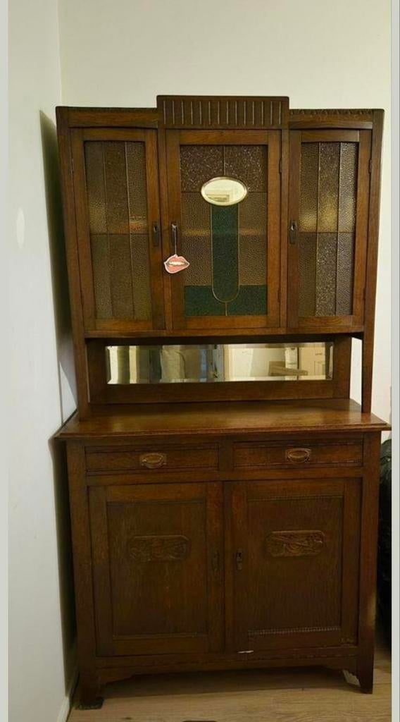 Art Deco buffetkast met glas in lood en spiegel, Ophalen