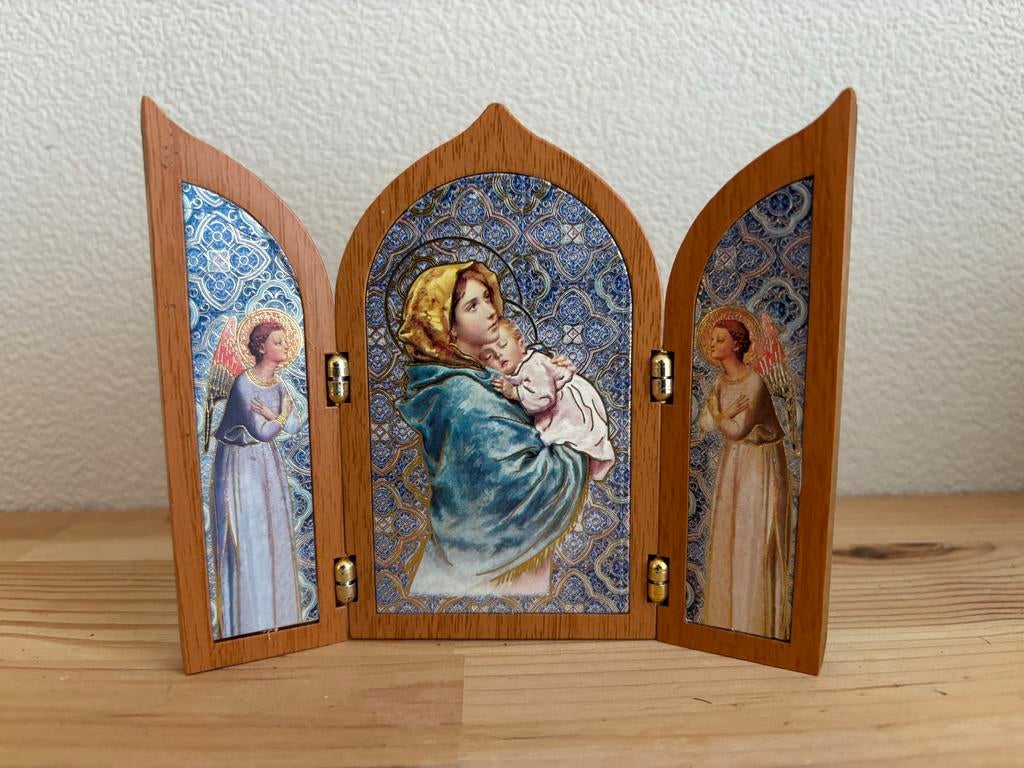 Houten Triptiek Maria met Kind en Engelen, Antiek en Kunst, Antiek | Religie, Ophalen