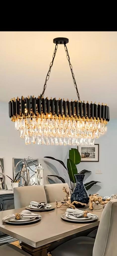 Luxe Zwarte Kroonluchter met Kristallen - Bieden vanaf €250, Ophalen, Zo goed als nieuw, Glas, Modern, Luxe, Kristal