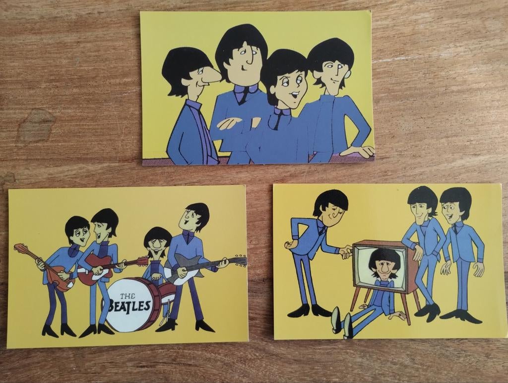 The Beatles Cartoon Ansichtkaarten Set (3 stuks), Gebruikt, A4 of kleiner, Rechthoekig Liggend, Ophalen of Verzenden