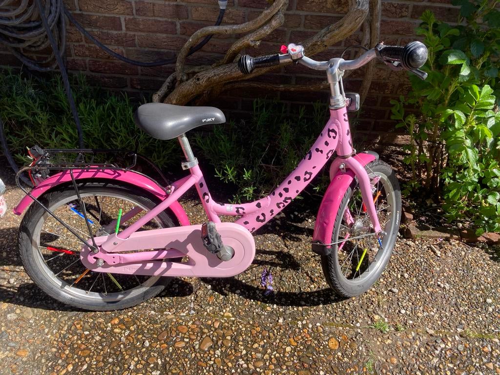 18 inch kinderfiets Puky roze met panterprint, Fietsen en Brommers, Ophalen of Verzenden, Gebruikt, Terugtraprem, 16 tot 20 inch