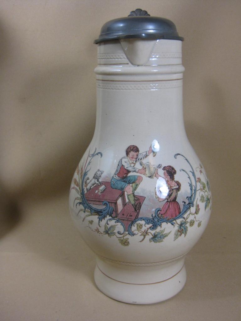 Antiek Duitse 2,5 liter bierpul / wijnkan met tinnen deksel, Antiek en Kunst, Antiek | Keramiek en Aardewerk, Ophalen of Verzenden
