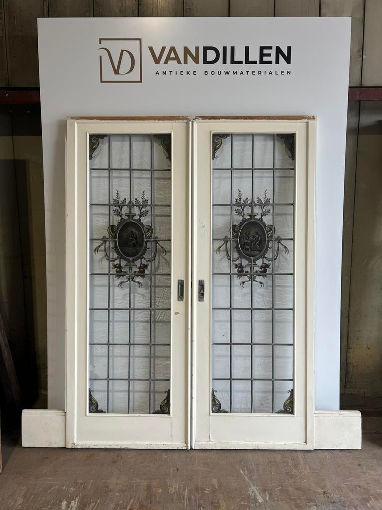 Antieke ensuite deuren glas in lood gebrandschilderd UNIEK!, Doe-het-zelf en Verbouw, Deuren en Horren, Zo goed als nieuw, Binnendeur