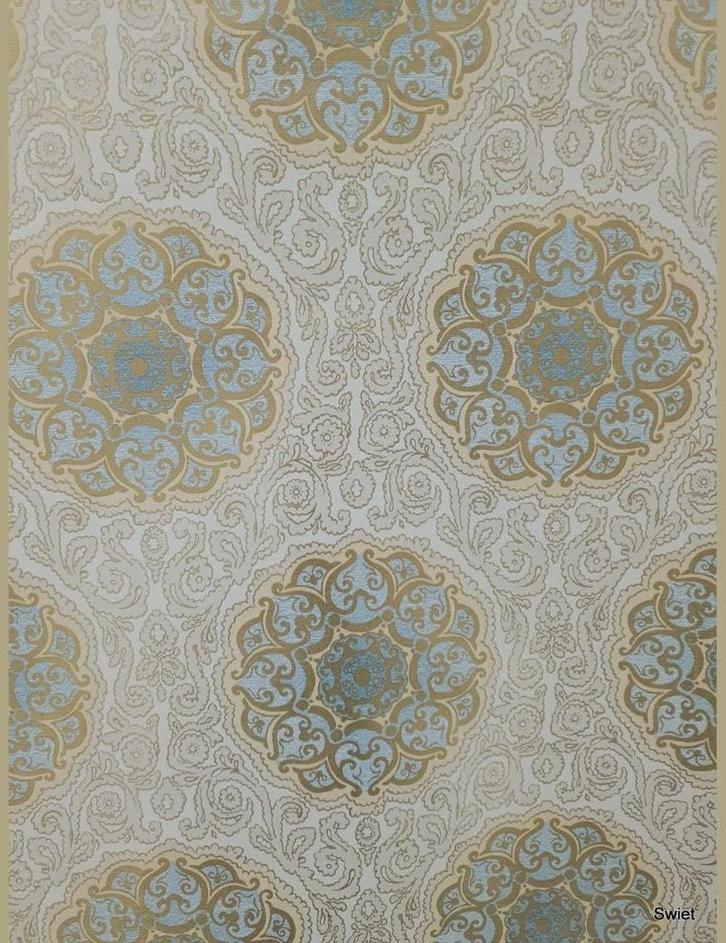 7125 Blauw medaillonpatroon vintage behang retro swiet, Huis en Inrichting, Stoffering | Behang, Blauw, minder dan 10 m², Verzenden