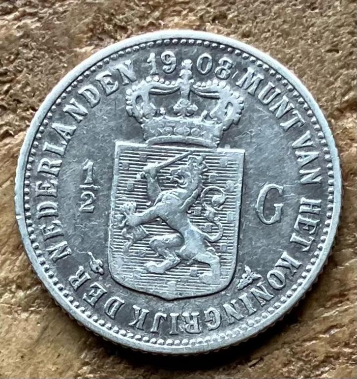 halve gulden 1908 Wilhelmina, Postzegels en Munten, Munten | Nederland, Losse munt, ½ gulden, Koningin Wilhelmina, Zilver, Ophalen