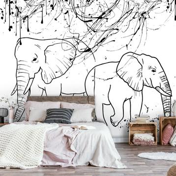Getekende Olifanten behang Zwart Wit, Olifant, Muurdeco4kids beschikbaar voor biedingen