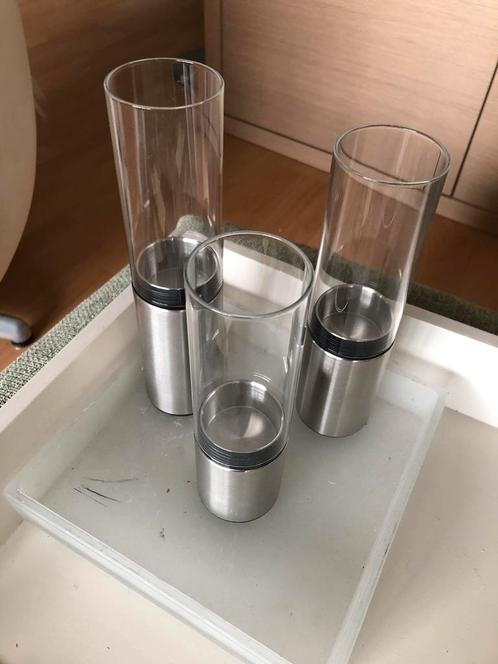 Nieuw Blomus design 3 delige lichthouder set metaal met glas, Huis en Inrichting, Woonaccessoires | Kandelaars en Kaarsen, Zo goed als nieuw
