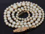 Emaille 18k gouden antiek pijp slot akoya parel ketting dame, Ophalen of Verzenden, Goud, Ketting, Met edelsteen