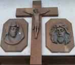 Vintage Jezus en Maria hoofden + kruisbeeld, koper op hout, Antiek en Kunst, Ophalen of Verzenden