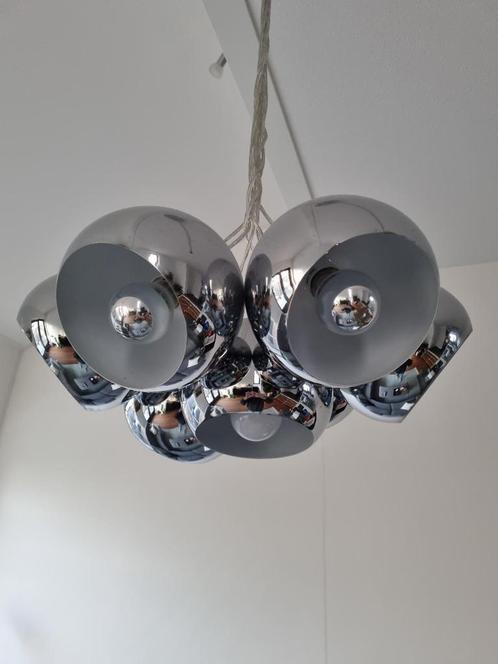Retro Chrome Cluster Hanglamp – 7-Lichts Design, Huis en Inrichting, Lampen | Hanglampen, Gebruikt, Minder dan 50 cm, Metaal, Ophalen of Verzenden