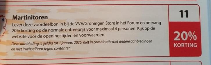 Martinitoren 20% korting, Tickets en Kaartjes, Kortingen en Cadeaubonnen, Drie personen of meer, Overige typen, Kortingsbon
