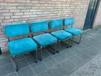 4 Blauwe Ribstof stoelen, Huis en Inrichting, Stoelen, Ophalen, Gebruikt, Blauw, Metaal