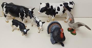6 Schleich dieren Koe Stier 2 kalfjes Kalkoen Gans beschikbaar voor biedingen