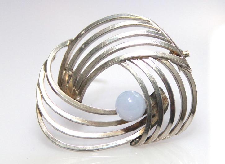 Prachtige Zilver Wolmerk Broche Met Blauwe Agaat Bol, Sieraden, Tassen en Uiterlijk, Antieke sieraden, Broche, Zilver, Met edelsteen