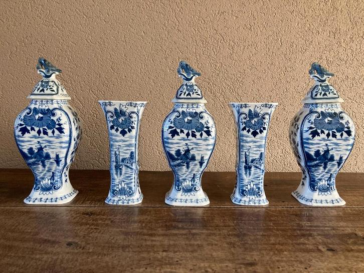 Delft blauw 5-delig kaststel (handbeschilderd 1930–1950), Antiek en Kunst, Antiek | Keramiek en Aardewerk, Ophalen