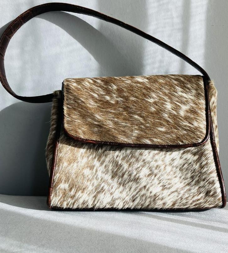 Vintage handtas / schoudertas gazellevacht leer bruin, Sieraden, Tassen en Uiterlijk, Tassen | Damestassen, Zo goed als nieuw