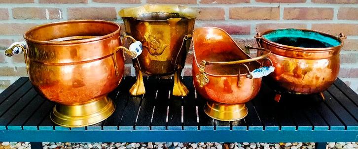 Div Antiek Rood Koperen Potten / Bloempotten - Zie Omschr, Tuin en Terras, Bloempotten, Zo goed als nieuw, Metaal, Binnen, Balkon