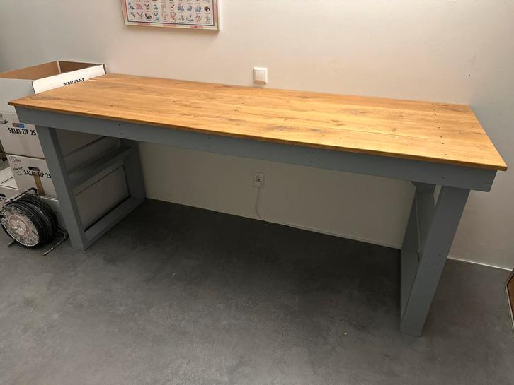 Werkbank / Bureau met eikenhouten blad - 222x80 cm, Huis en Inrichting, Bureaus, Gebruikt, Bureau, Ophalen