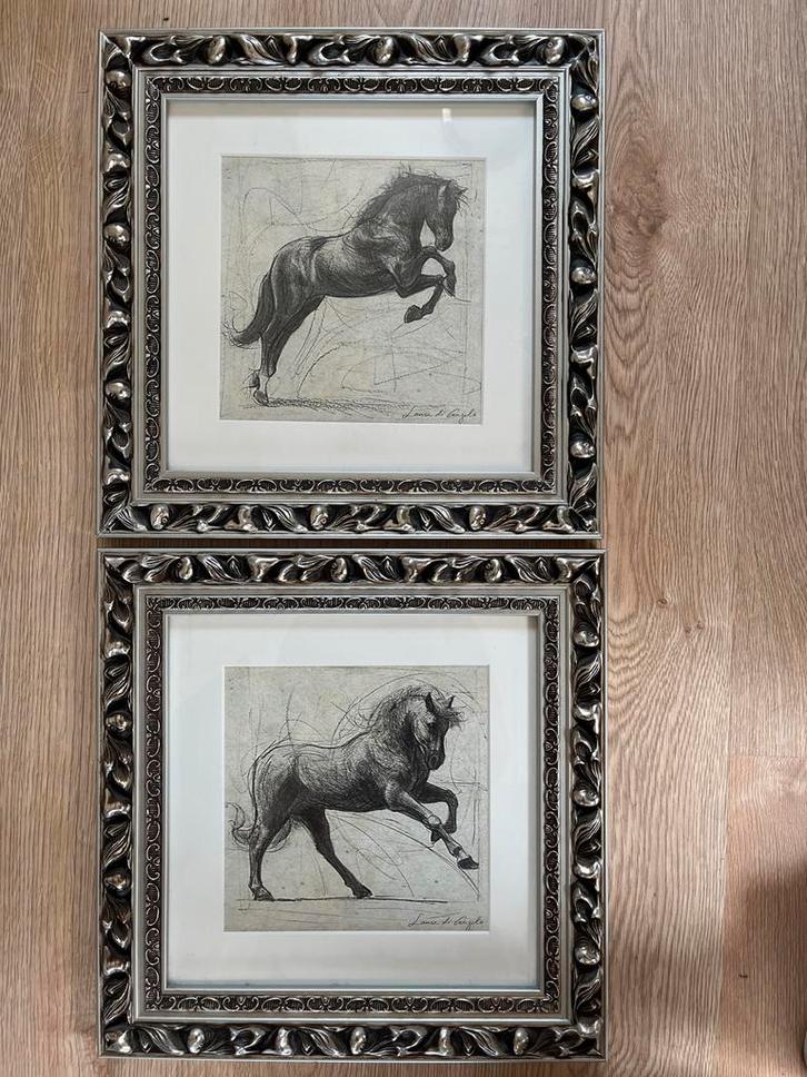 Paarden Tekeningen Ingelijst - Set van 2, Antiek en Kunst, Kunst | Tekeningen en Foto's, Ophalen of Verzenden