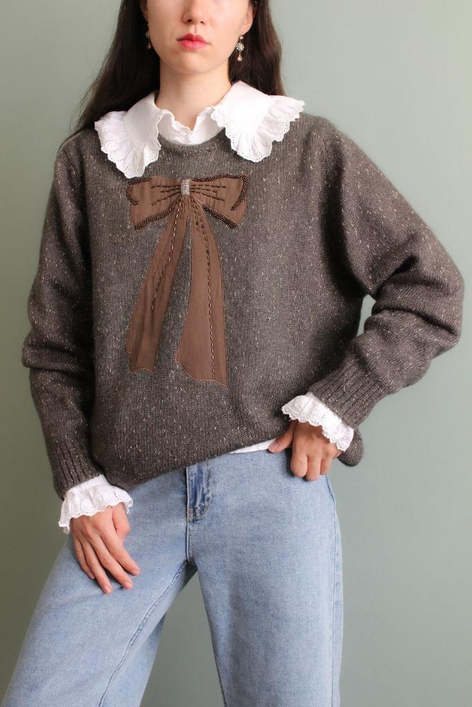 Vintage mohair glitter trui met strik applicatie kralen M L, Kleding | Dames, Truien en Vesten, Zo goed als nieuw, Maat 38/40 (M)