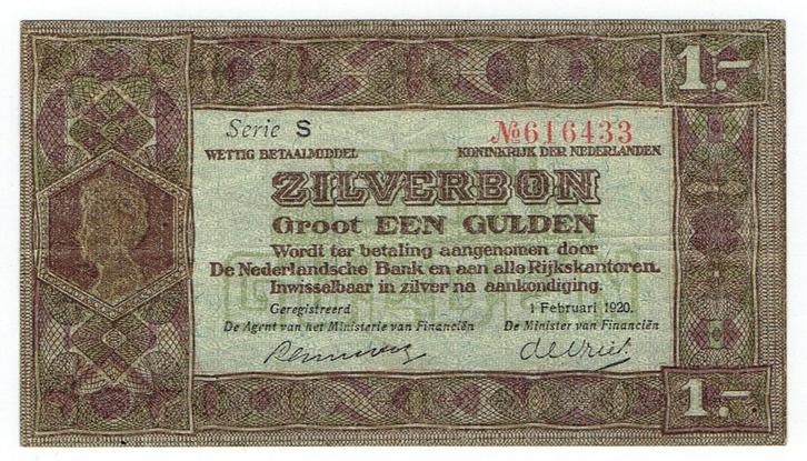 1 Gulden Zilverbon 1920 (PL 3a), Postzegels en Munten, Bankbiljetten | Nederland, Los biljet, 1 gulden, Ophalen of Verzenden