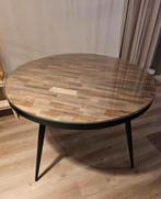 Teakhouten Eettafel met Glas & 4 Webbing Stoelen, Ophalen, Gebruikt, Glas, Rond
