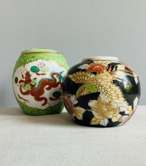 Vintage Chinese Japanse gemberpotten groen zwart draak bloem, Antiek en Kunst, Antiek | Keramiek en Aardewerk, Ophalen of Verzenden