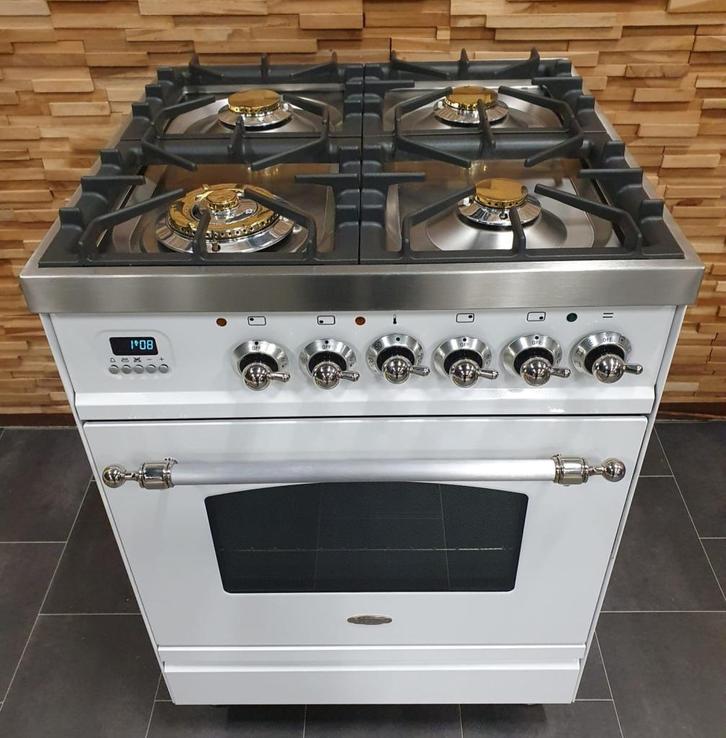 Luxe Boretti Fornuis 60cm hoogglans wit & rvs 4 pits, Witgoed en Apparatuur, Fornuizen, Zo goed als nieuw, Vrijstaand, Gas, 4 kookzones